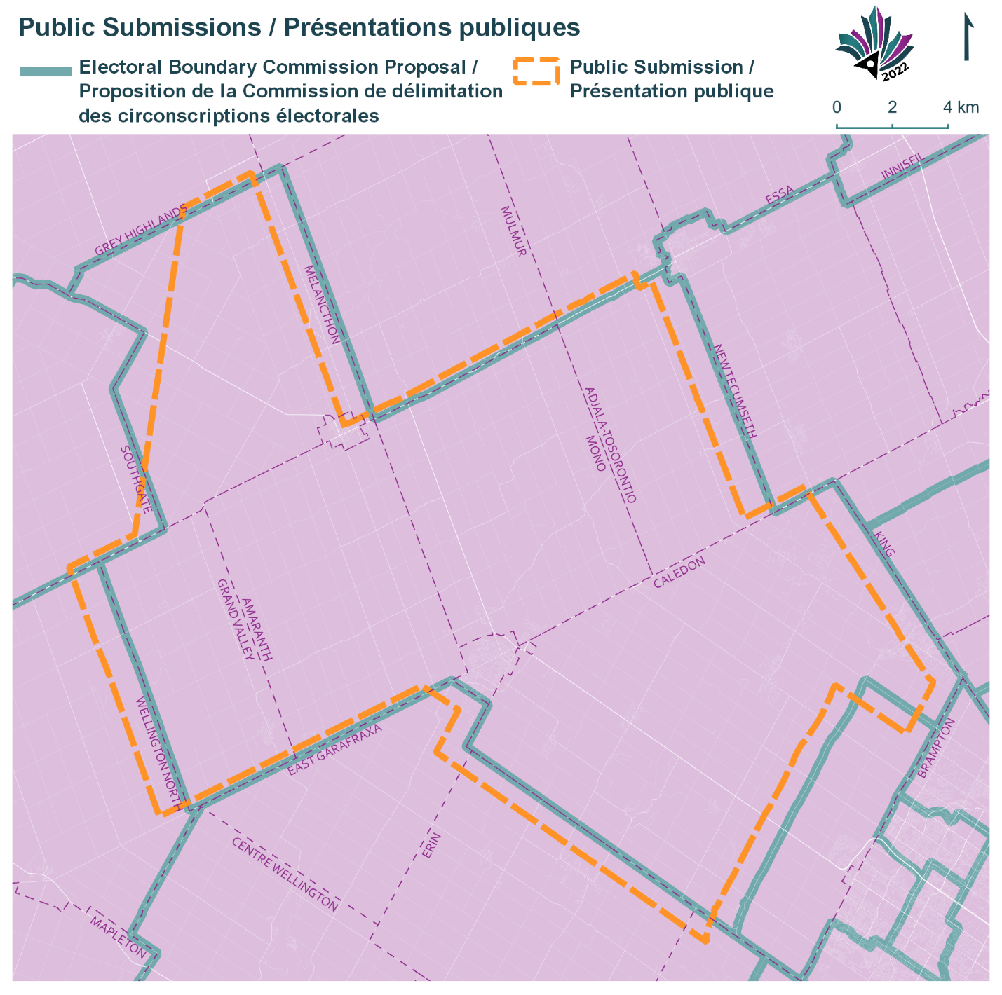 Public Submissions / Soumissions publiques, Electoral Boundary Commission Proposal / Proposition de la Commission de d&eacute;limitation des circonscriptions &eacute;lectorales (Green lines), Public Submission / Pr&eacute;sentation publique (Yellow lines)