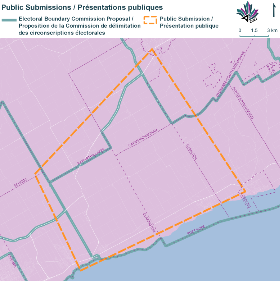 Public Submissions / Soumissions publiques, Electoral Boundary Commission Proposal / Proposition de la Commission de d&eacute;limitation des circonscriptions &eacute;lectorales (Green lines), Public Submission / Pr&eacute;sentation publique (Yellow lines)