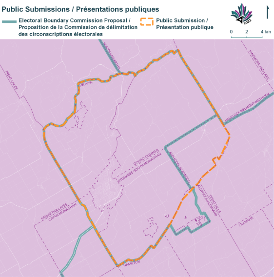 Public Submissions / Soumissions publiques, Electoral Boundary Commission Proposal / Proposition de la Commission de d&eacute;limitation des circonscriptions &eacute;lectorales (Green lines), Public Submission / Pr&eacute;sentation publique (Yellow lines)