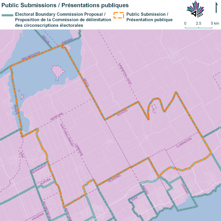 Public Submissions / Soumissions publiques, Electoral Boundary Commission Proposal / Proposition de la Commission de d&eacute;limitation des circonscriptions &eacute;lectorales (Green lines), Public Submission / Pr&eacute;sentation publique (Yellow lines)