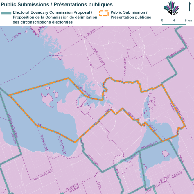 Public Submissions / Soumissions publiques, Electoral Boundary Commission Proposal / Proposition de la Commission de d&eacute;limitation des circonscriptions &eacute;lectorales (Green lines), Public Submission / Pr&eacute;sentation publique (Yellow lines)