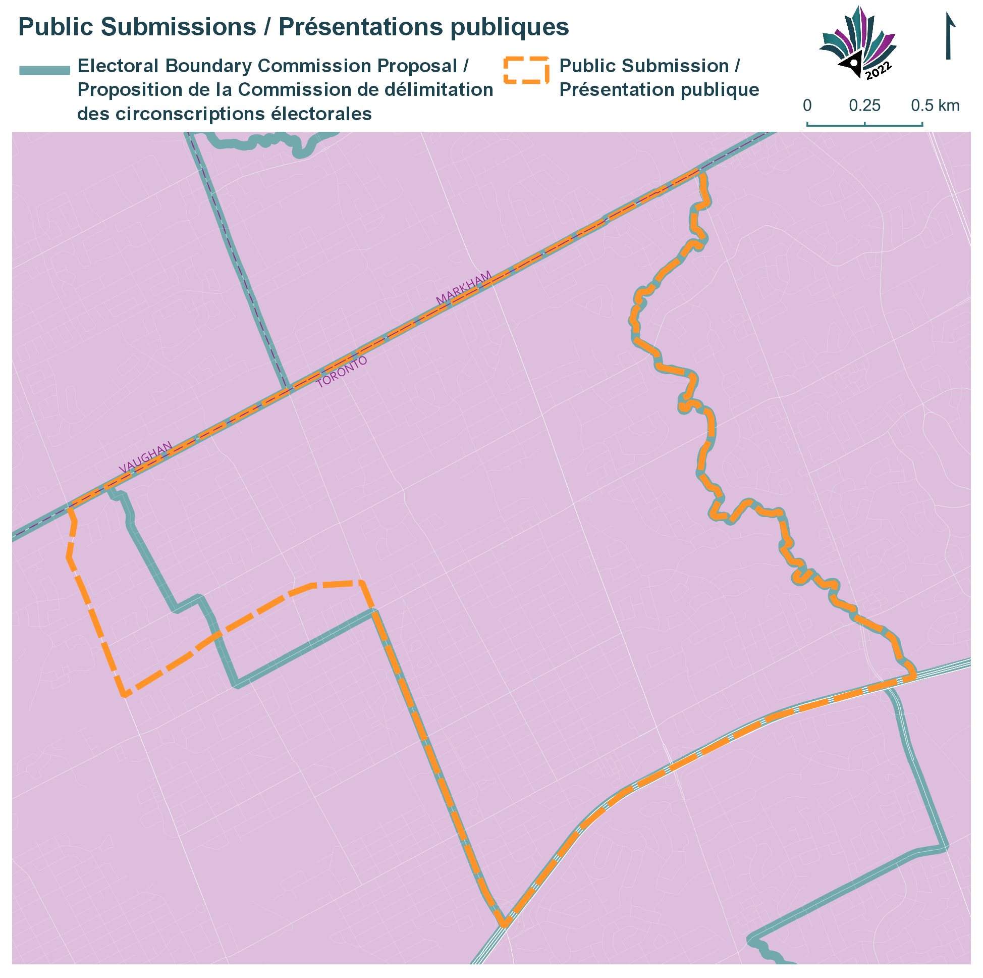 Public Submissions / Soumissions publiques, Electoral Boundary Commission Proposal / Proposition de la Commission de d&eacute;limitation des circonscriptions &eacute;lectorales (Green lines), Public Submission / Pr&eacute;sentation publique (Yellow lines)