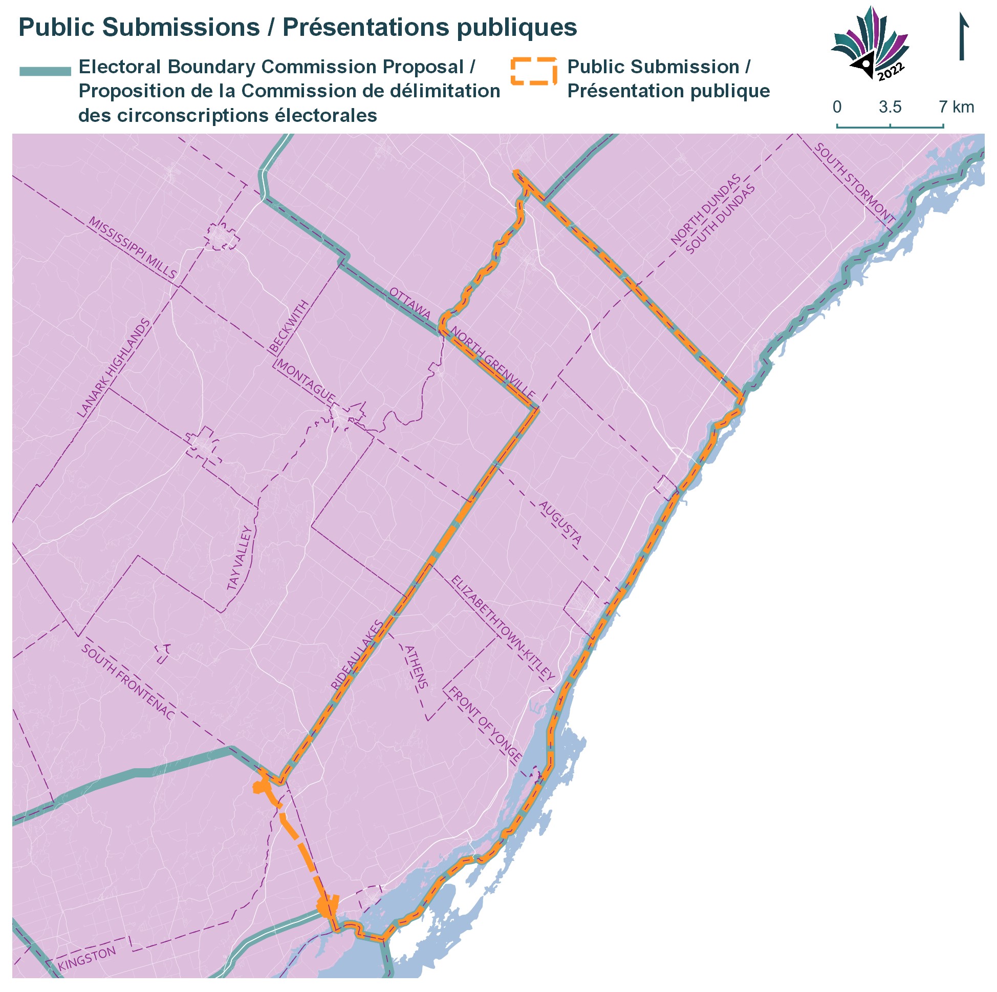 This map shows modifications to the boundaries of the proposed electoral district that the Federal Electoral Boundaries Commission for Ontario calls Gananoque–Brockville–Prescott. The solid green line is the Electoral Boundary Commission Proposal and the dashed orange is a public submission.