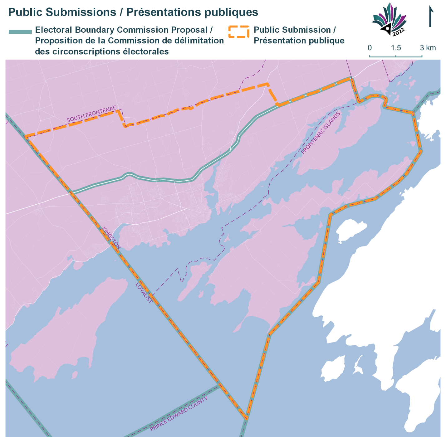 Public Submissions / Soumissions publiques, Electoral Boundary Commission Proposal / Proposition de la Commission de délimitation des circonscriptions électorales (Green lines), Public Submission / Présentation publique (Yellow lines)