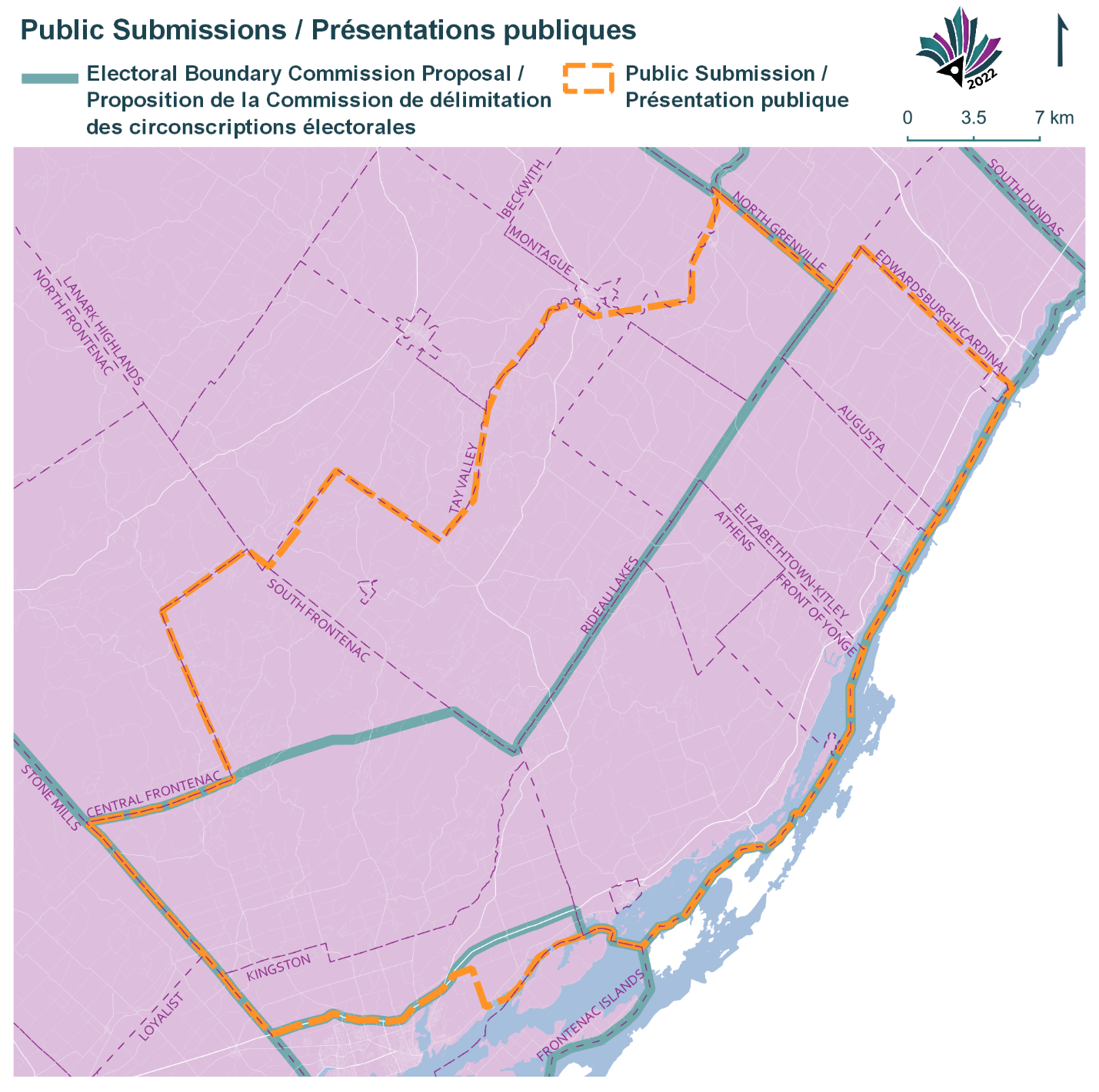 Public Submissions / Soumissions publiques, Electoral Boundary Commission Proposal / Proposition de la Commission de délimitation des circonscriptions électorales (Green lines), Public Submission / Présentation publique (Yellow lines)