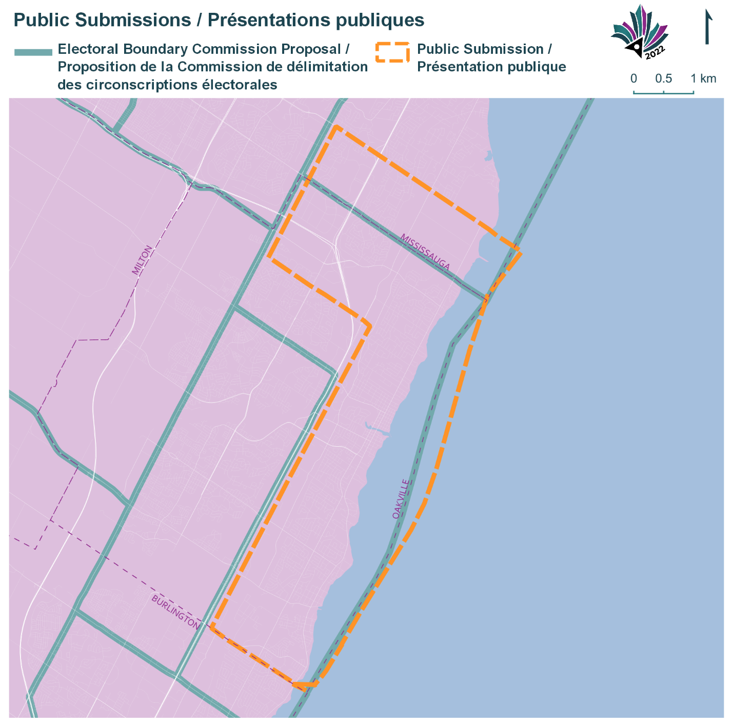 Public Submissions / Soumissions publiques, Electoral Boundary Commission Proposal / Proposition de la Commission de délimitation des circonscriptions électorales (Green lines), Public Submission / Présentation publique (Yellow lines)