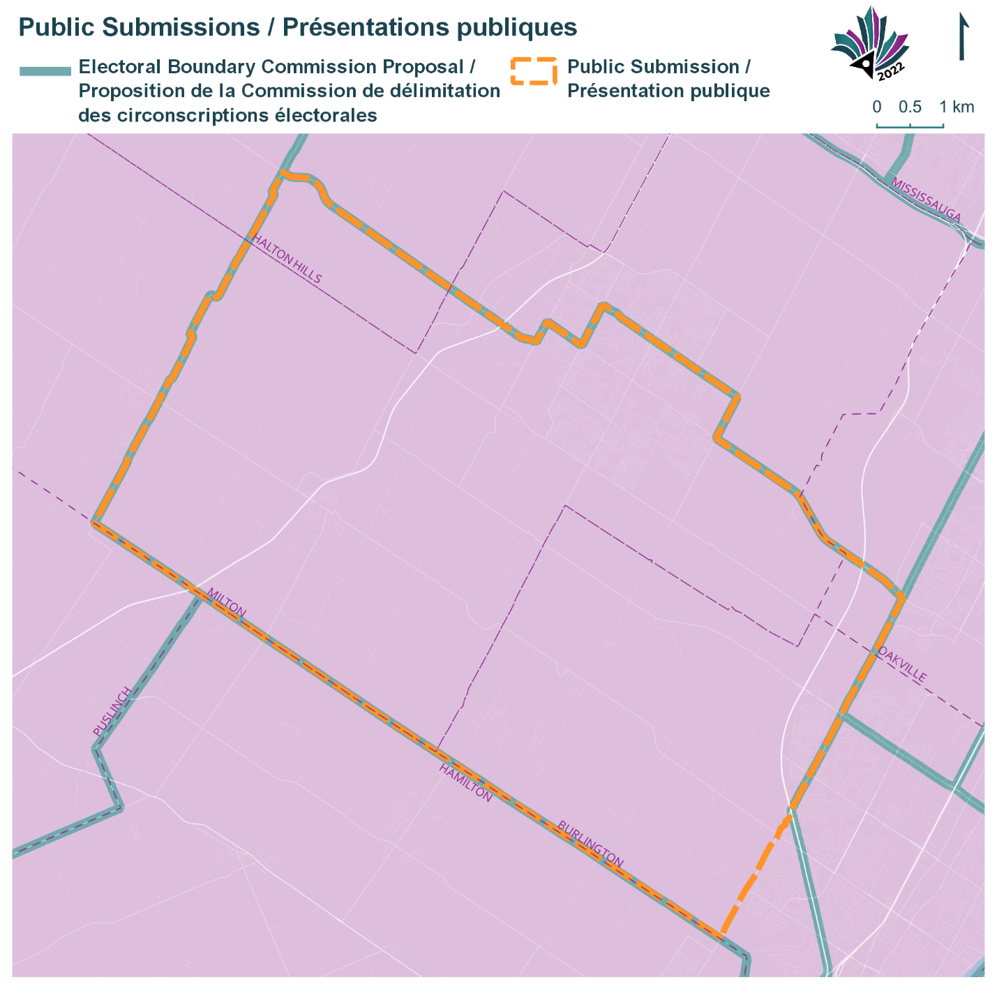 Public Submissions / Soumissions publiques, Electoral Boundary Commission Proposal / Proposition de la Commission de délimitation des circonscriptions électorales (Green lines), Public Submission / Présentation publique (Yellow lines)