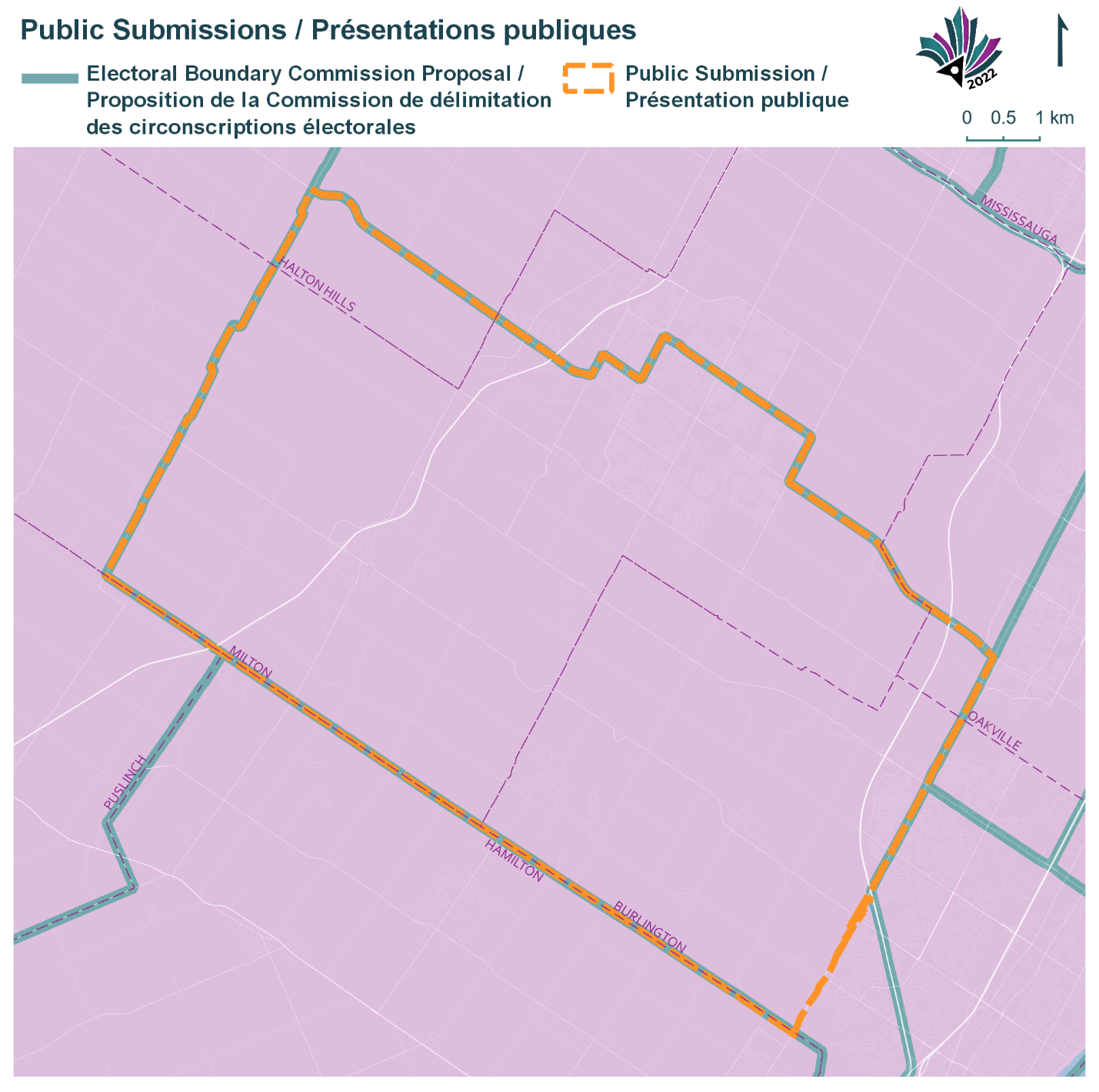 Public Submissions / Soumissions publiques, Electoral Boundary Commission Proposal / Proposition de la Commission de délimitation des circonscriptions électorales (Green lines), Public Submission / Présentation publique (Yellow lines)
