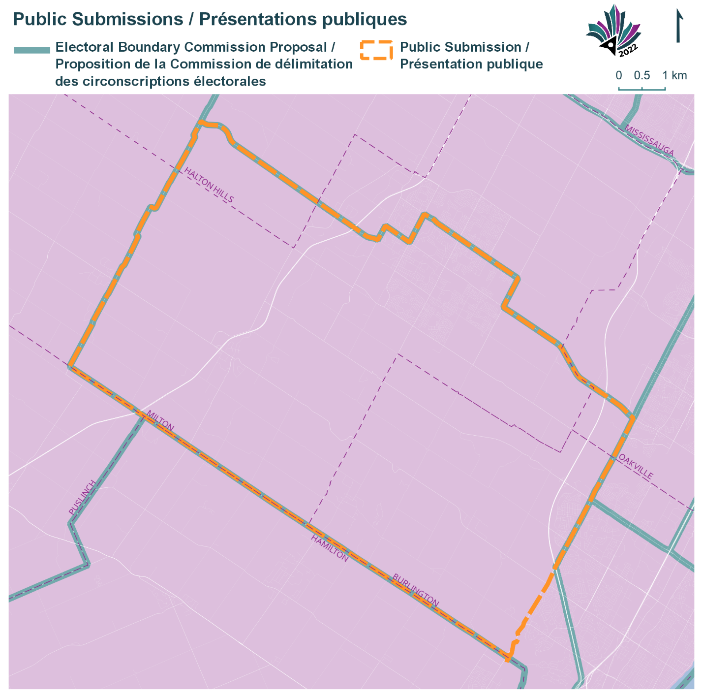 Public Submissions / Soumissions publiques, Electoral Boundary Commission Proposal / Proposition de la Commission de délimitation des circonscriptions électorales (Green lines), Public Submission / Présentation publique (Yellow lines)