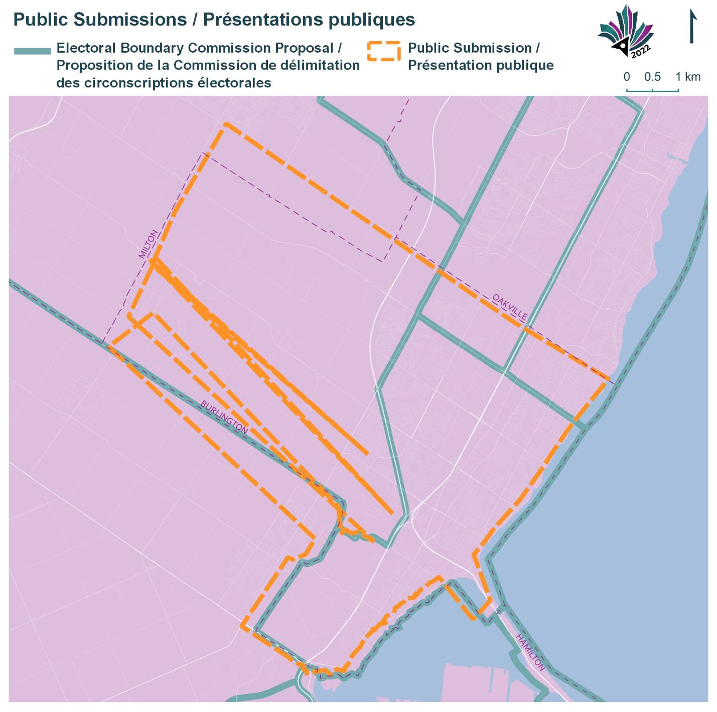Public Submissions / Soumissions publiques, Electoral Boundary Commission Proposal / Proposition de la Commission de délimitation des circonscriptions électorales (Green lines), Public Submission / Présentation publique (Yellow lines)