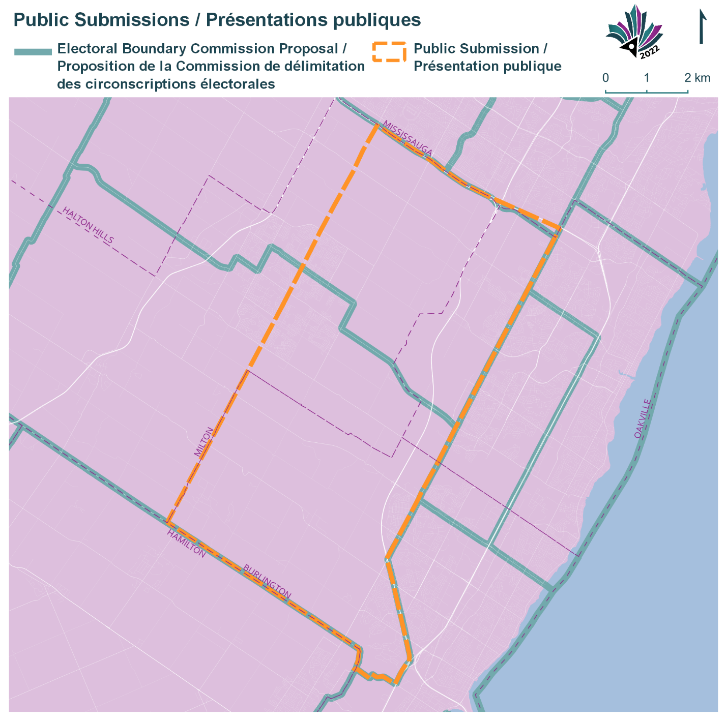 Public Submissions / Soumissions publiques, Electoral Boundary Commission Proposal / Proposition de la Commission de délimitation des circonscriptions électorales (Green lines), Public Submission / Présentation publique (Yellow lines)