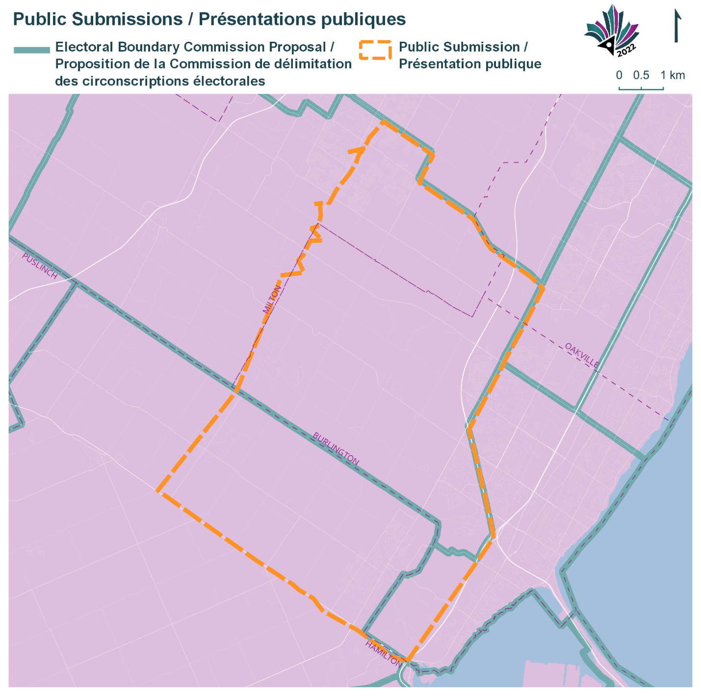 Public Submissions / Soumissions publiques, Electoral Boundary Commission Proposal / Proposition de la Commission de délimitation des circonscriptions électorales (Green lines), Public Submission / Présentation publique (Yellow lines)