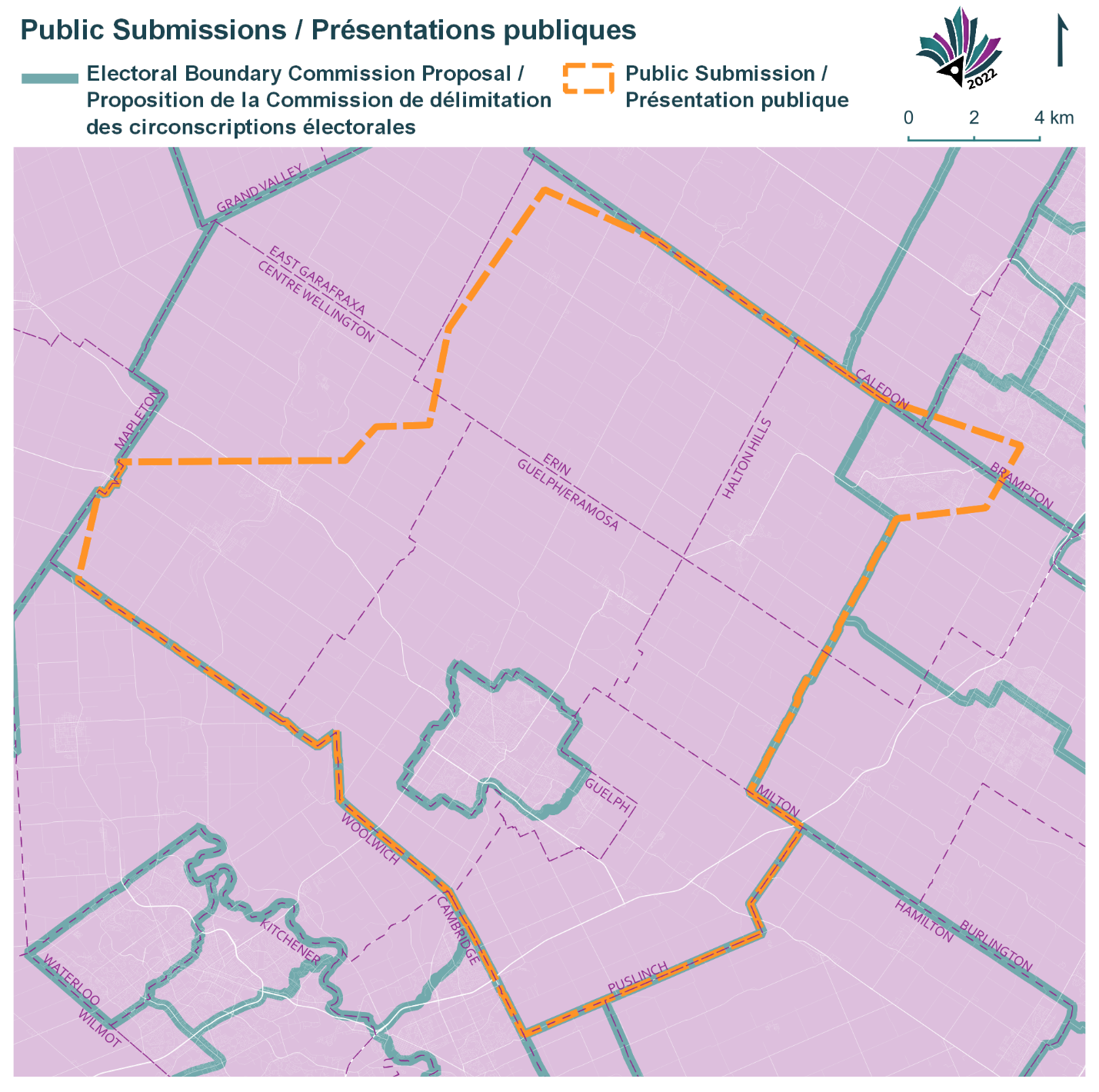 Public Submissions / Soumissions publiques, Electoral Boundary Commission Proposal / Proposition de la Commission de délimitation des circonscriptions électorales (Green lines), Public Submission / Présentation publique (Yellow lines)