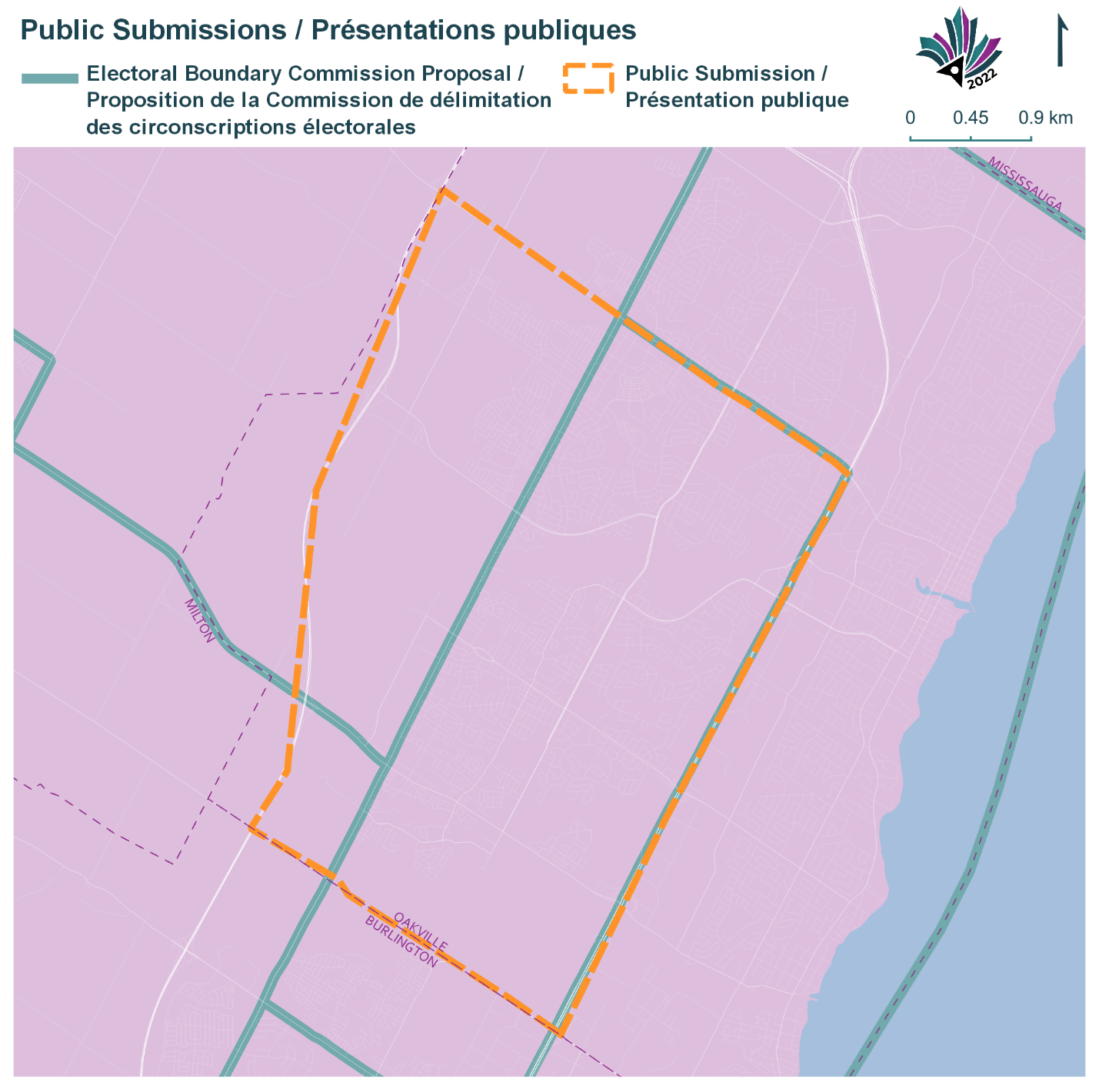 Public Submissions / Soumissions publiques, Electoral Boundary Commission Proposal / Proposition de la Commission de délimitation des circonscriptions électorales (Green lines), Public Submission / Présentation publique (Yellow lines)