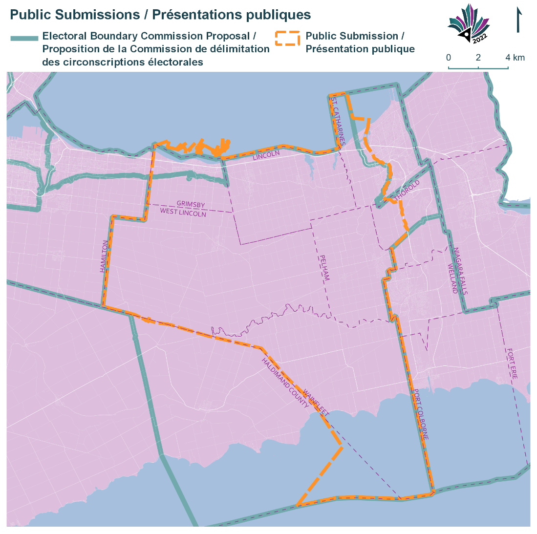Public Submissions / Soumissions publiques, Electoral Boundary Commission Proposal / Proposition de la Commission de d&eacute;limitation des circonscriptions &eacute;lectorales (Green lines), Public Submission / Pr&eacute;sentation publique (Yellow lines)