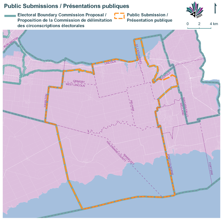 Public Submissions / Soumissions publiques, Electoral Boundary Commission Proposal / Proposition de la Commission de délimitation des circonscriptions électorales (Green lines), Public Submission / Présentation publique (Yellow lines)