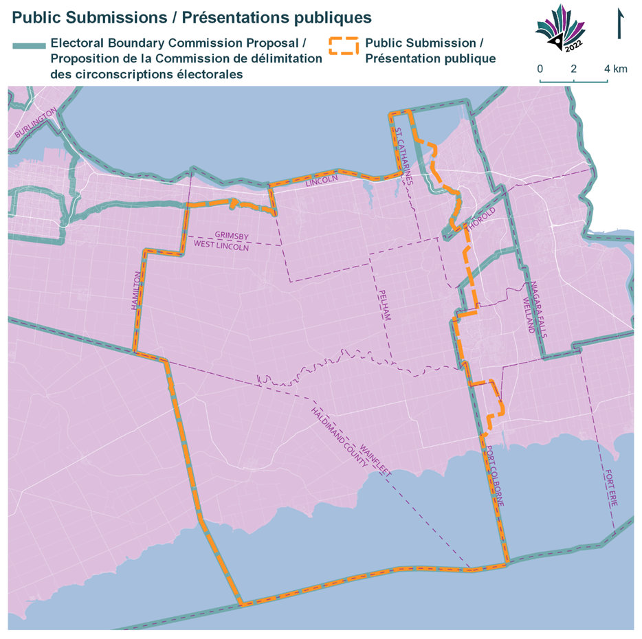 Public Submissions / Soumissions publiques, Electoral Boundary Commission Proposal / Proposition de la Commission de d&eacute;limitation des circonscriptions &eacute;lectorales (Green lines), Public Submission / Pr&eacute;sentation publique (Yellow lines)