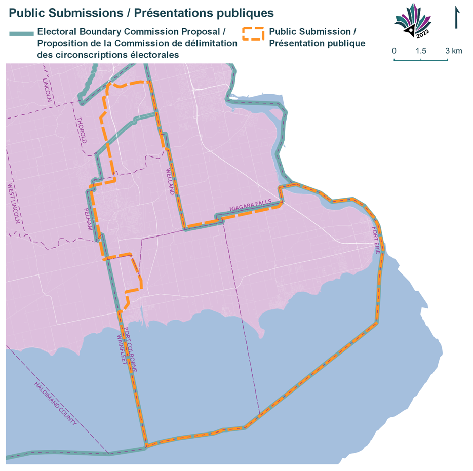 Alternate text: Public Submissions / Soumissions publiques, Electoral Boundary Commission Proposal / Proposition de la Commission de d&eacute;limitation des circonscriptions &eacute;lectorales (Green lines), Public Submission / Pr&eacute;sentation publique (Yellow lines)