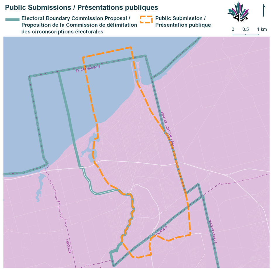 Alternate text: Public Submissions / Soumissions publiques, Electoral Boundary Commission Proposal / Proposition de la Commission de d&eacute;limitation des circonscriptions &eacute;lectorales (Green lines), Public Submission / Pr&eacute;sentation publique (Yellow lines)