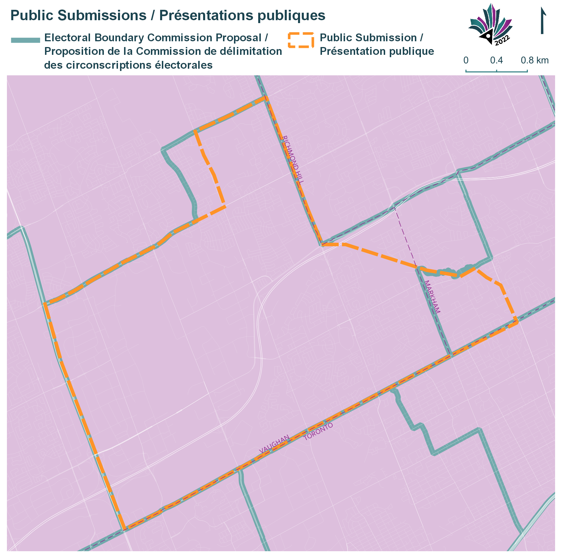 Image shows a map that is described in the written part of the submission. Public Submissions, Electoral Boundary Commission Proposal (Green lines), Public Submission (Yellow lines)
