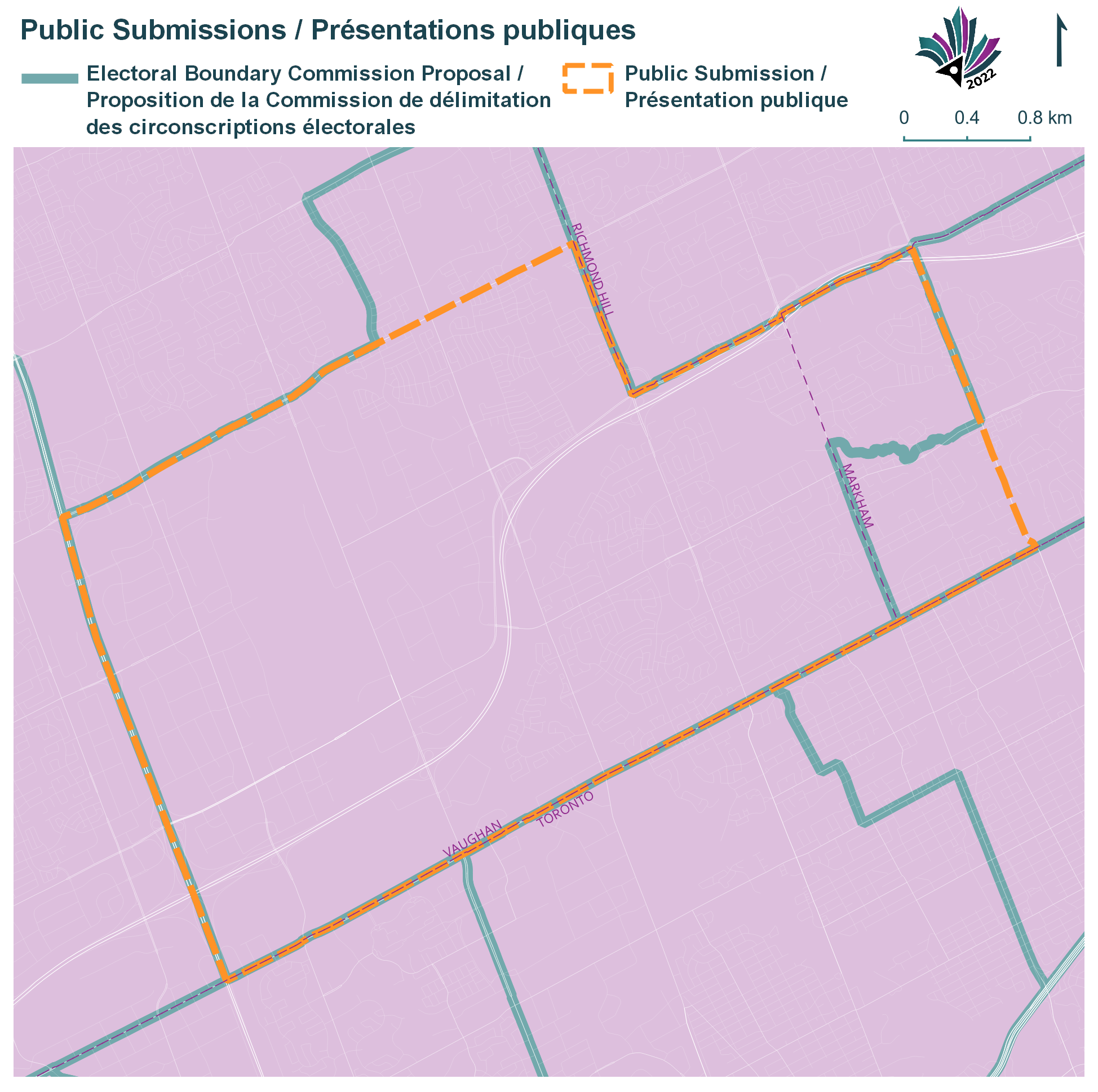 Image shows a map that is described in the written part of the submission. Public Submissions, Electoral Boundary Commission Proposal (Green lines), Public Submission (Yellow lines)