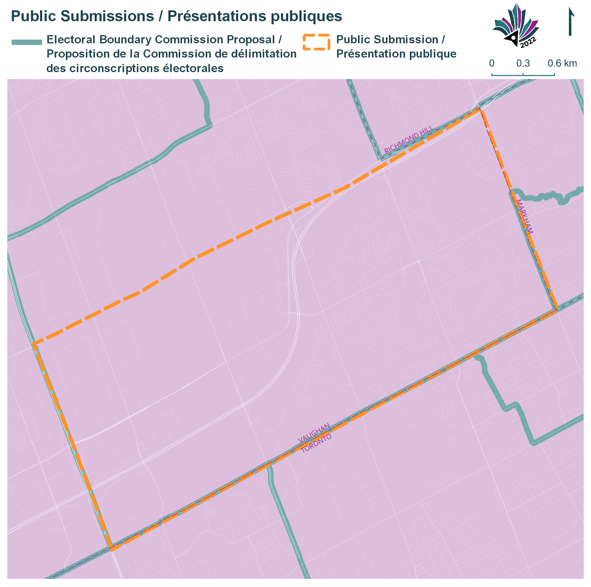 Public Submissions / Soumissions publiques, Electoral Boundary Commission Proposal / Proposition de la Commission de délimitation des circonscriptions électorales (Green lines), Public Submission / Présentation publique (Yellow lines)