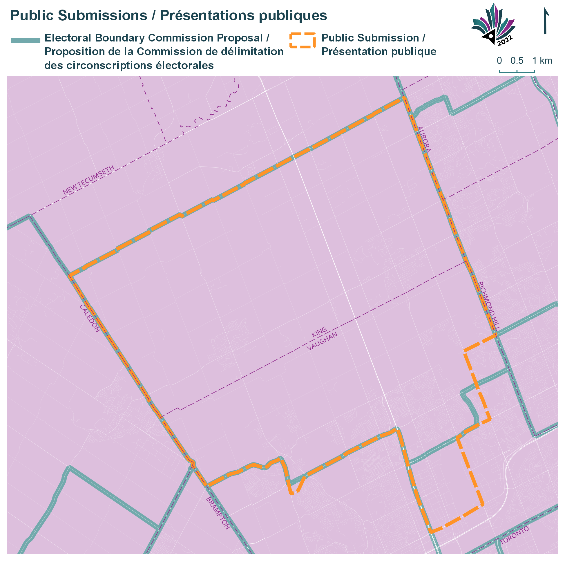 Public Submissions / Soumissions publiques, Electoral Boundary Commission Proposal / Proposition de la Commission de délimitation des circonscriptions électorales (Green lines), Public Submission / Présentation publique (Yellow lines)