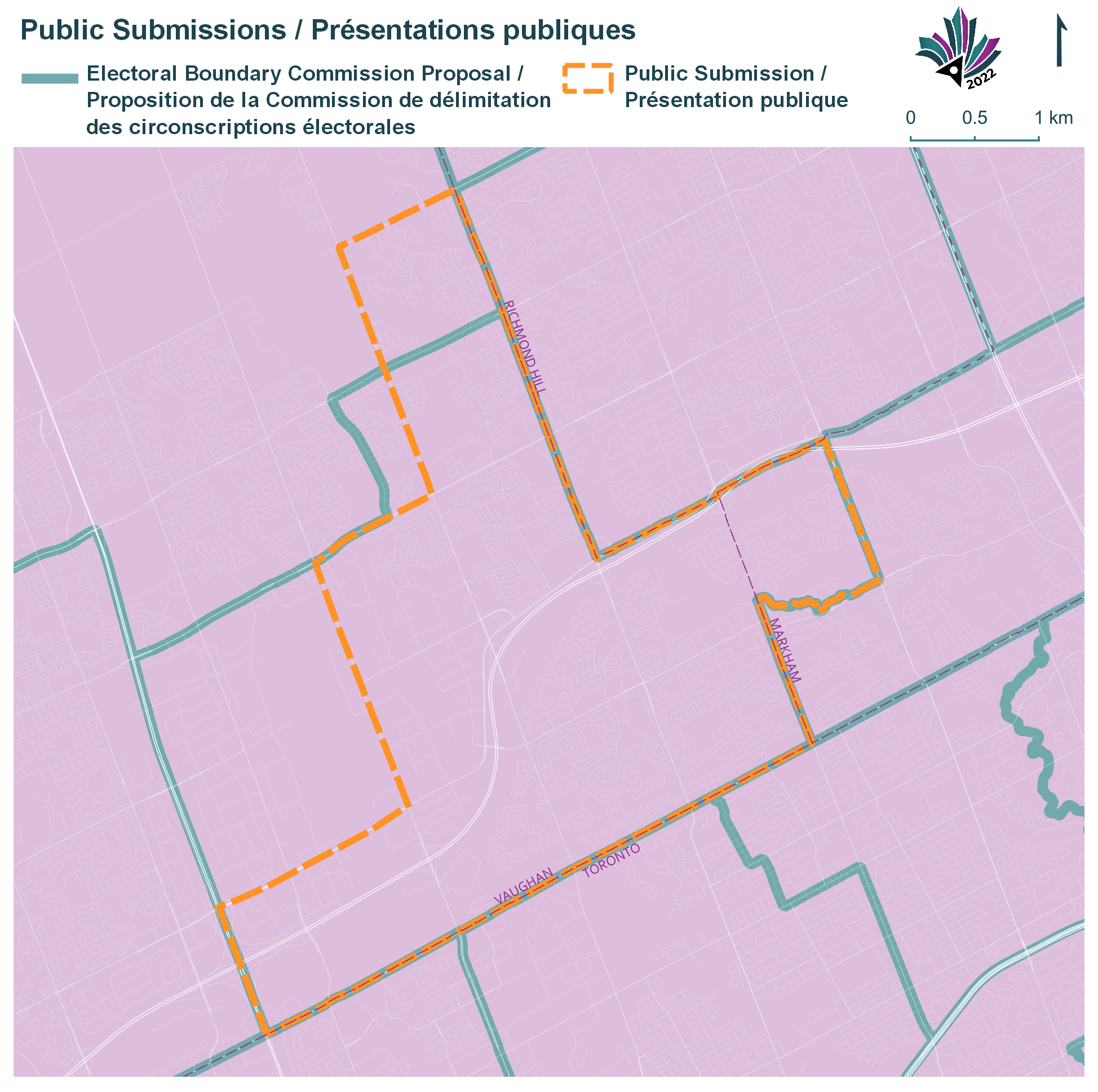 Public Submissions / Soumissions publiques, Electoral Boundary Commission Proposal / Proposition de la Commission de délimitation des circonscriptions électorales (Green lines), Public Submission / Présentation publique (Yellow lines)
