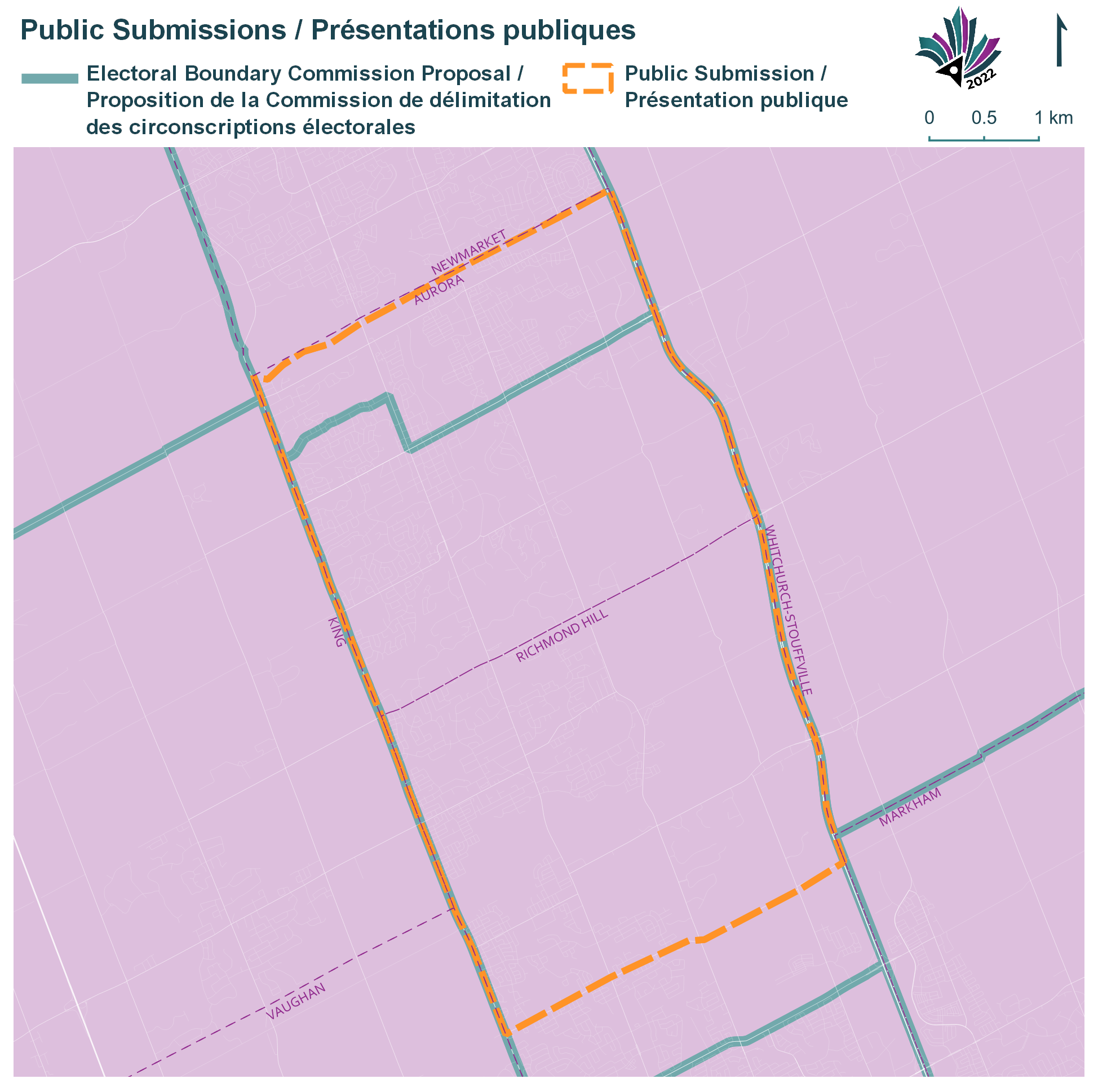 Public Submissions / Soumissions publiques, Electoral Boundary Commission Proposal / Proposition de la Commission de délimitation des circonscriptions électorales (Green lines), Public Submission / Présentation publique (Yellow lines)