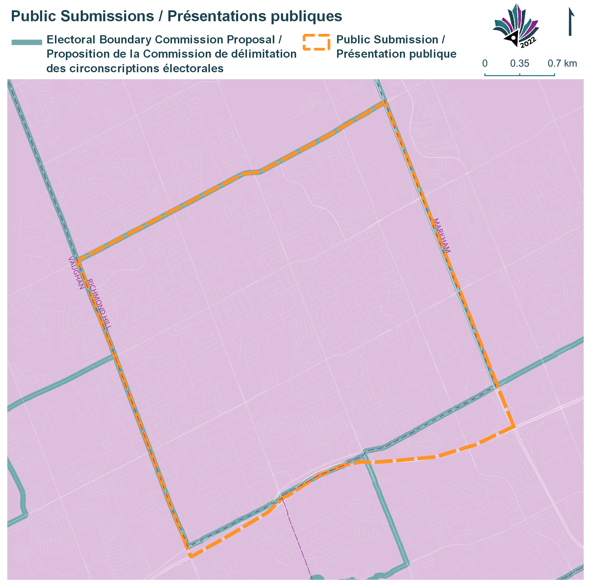 Public Submissions / Soumissions publiques, Electoral Boundary Commission Proposal / Proposition de la Commission de délimitation des circonscriptions électorales (Green lines), Public Submission / Présentation publique (Yellow lines)
