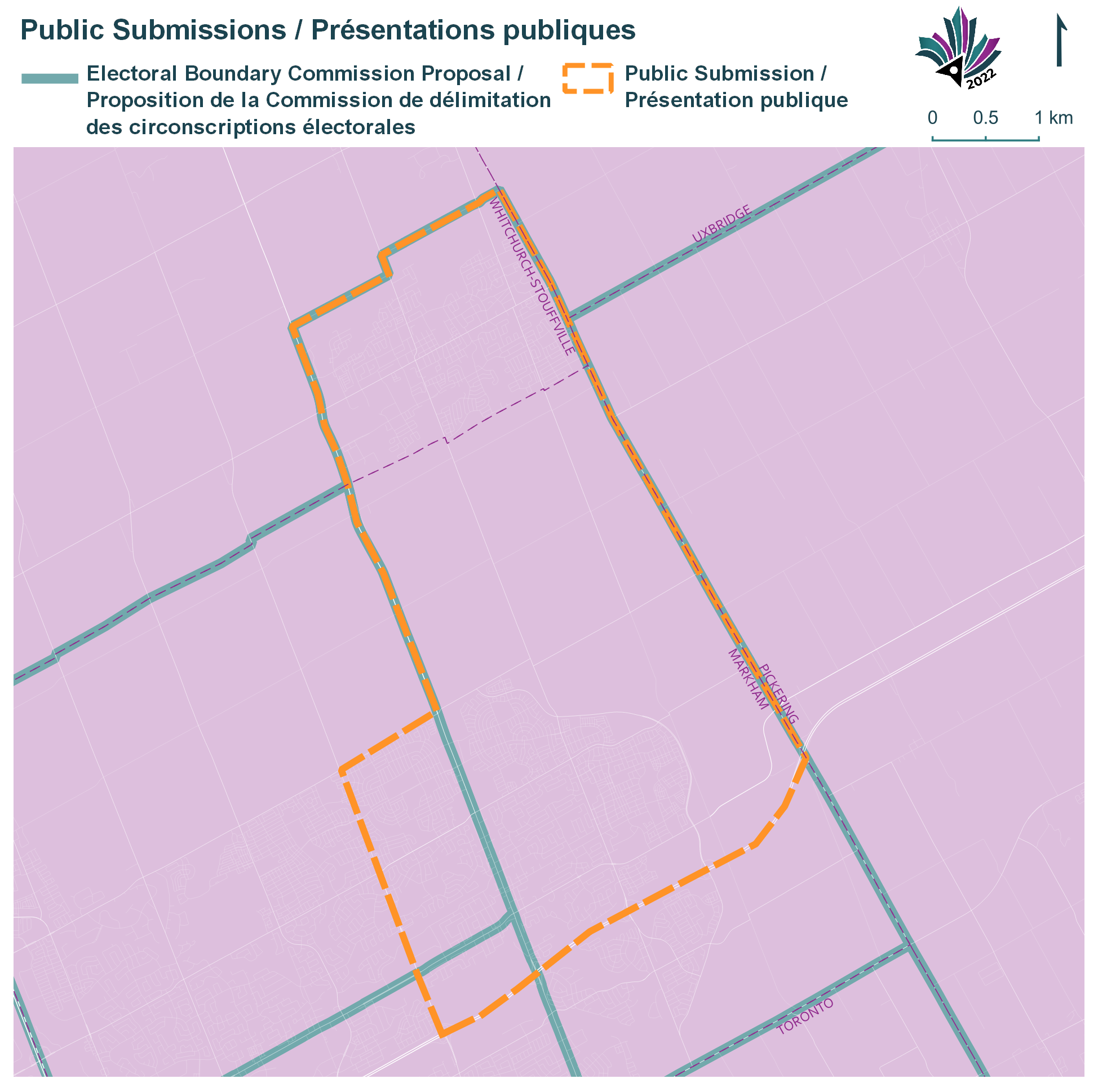 Public Submissions / Soumissions publiques, Electoral Boundary Commission Proposal / Proposition de la Commission de délimitation des circonscriptions électorales (Green lines), Public Submission / Présentation publique (Yellow lines)