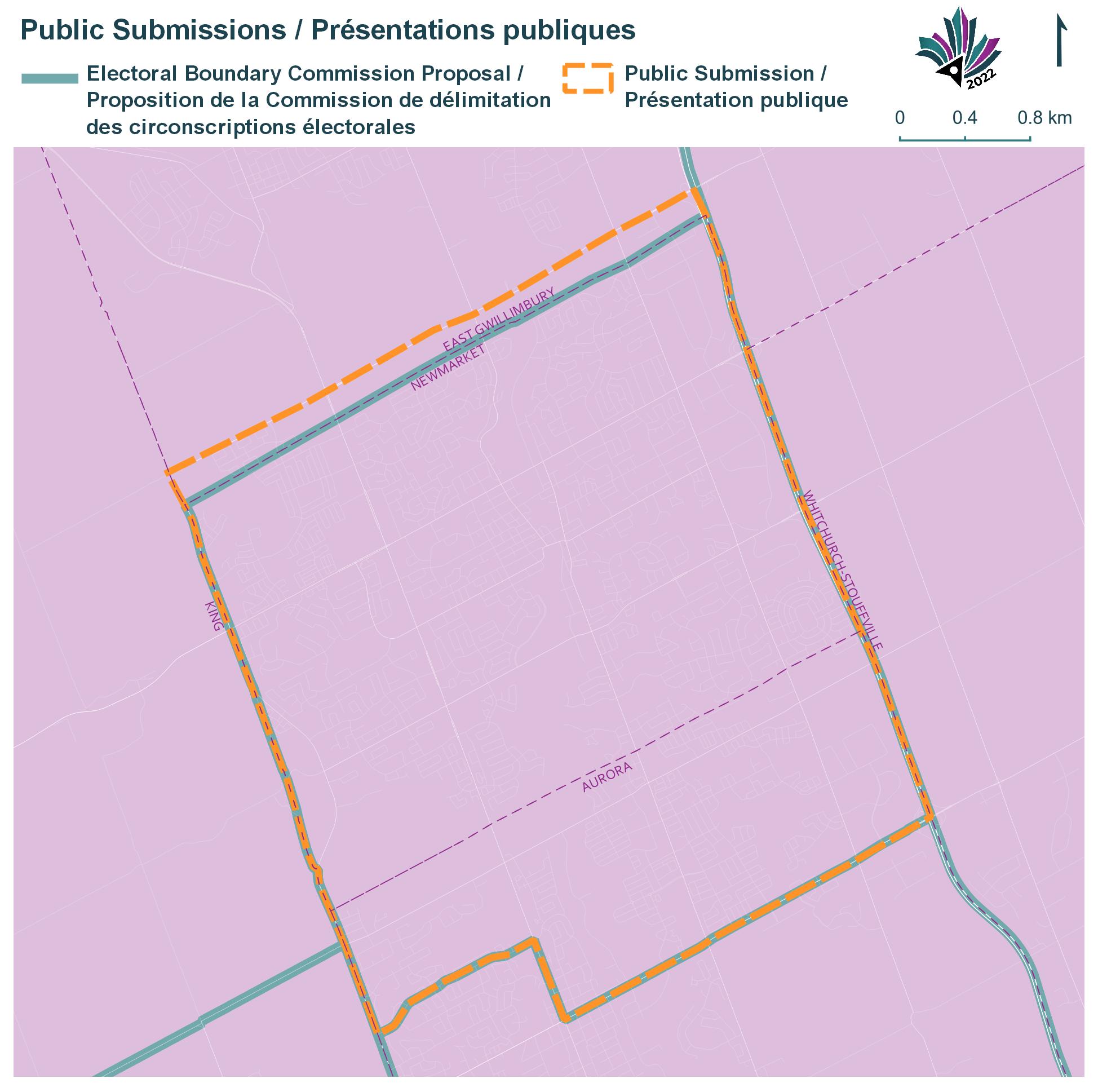 Public Submissions / Soumissions publiques, Electoral Boundary Commission Proposal / Proposition de la Commission de délimitation des circonscriptions électorales (Green lines), Public Submission / Présentation publique (Yellow lines)