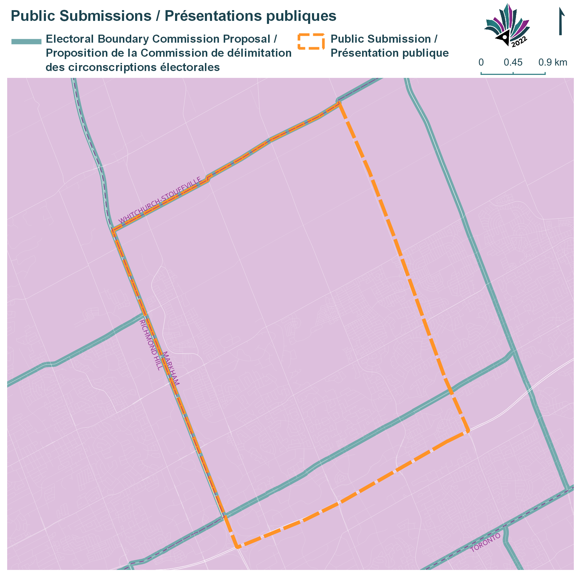 Public Submissions / Soumissions publiques, Electoral Boundary Commission Proposal / Proposition de la Commission de délimitation des circonscriptions électorales (Green lines), Public Submission / Présentation publique (Yellow lines)