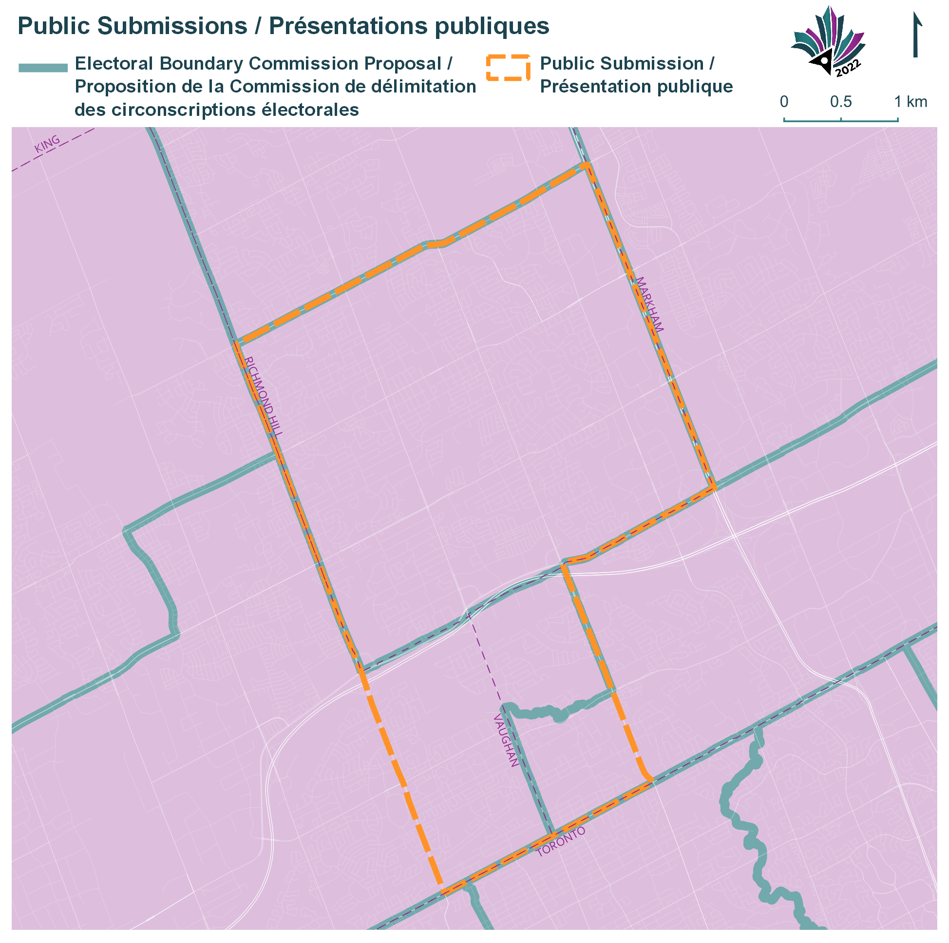 Public Submissions / Soumissions publiques, Electoral Boundary Commission Proposal / Proposition de la Commission de délimitation des circonscriptions électorales (Green lines), Public Submission / Présentation publique (Yellow lines)