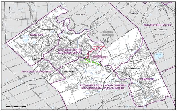 The proposed ridings of Waterloo, Kitchener Centre, Kitchener-Conestoga, Kitchener South &ndash; North Dumfries