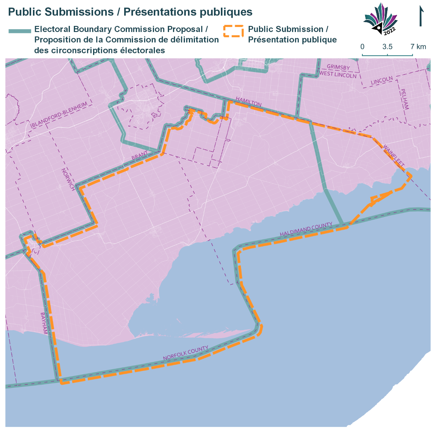 Public Submissions / Soumissions publiques, Electoral Boundary Commission Proposal / Proposition de la Commission de délimitation des circonscriptions électorales (Green lines), Public Submission / Présentation publique (Yellow lines)