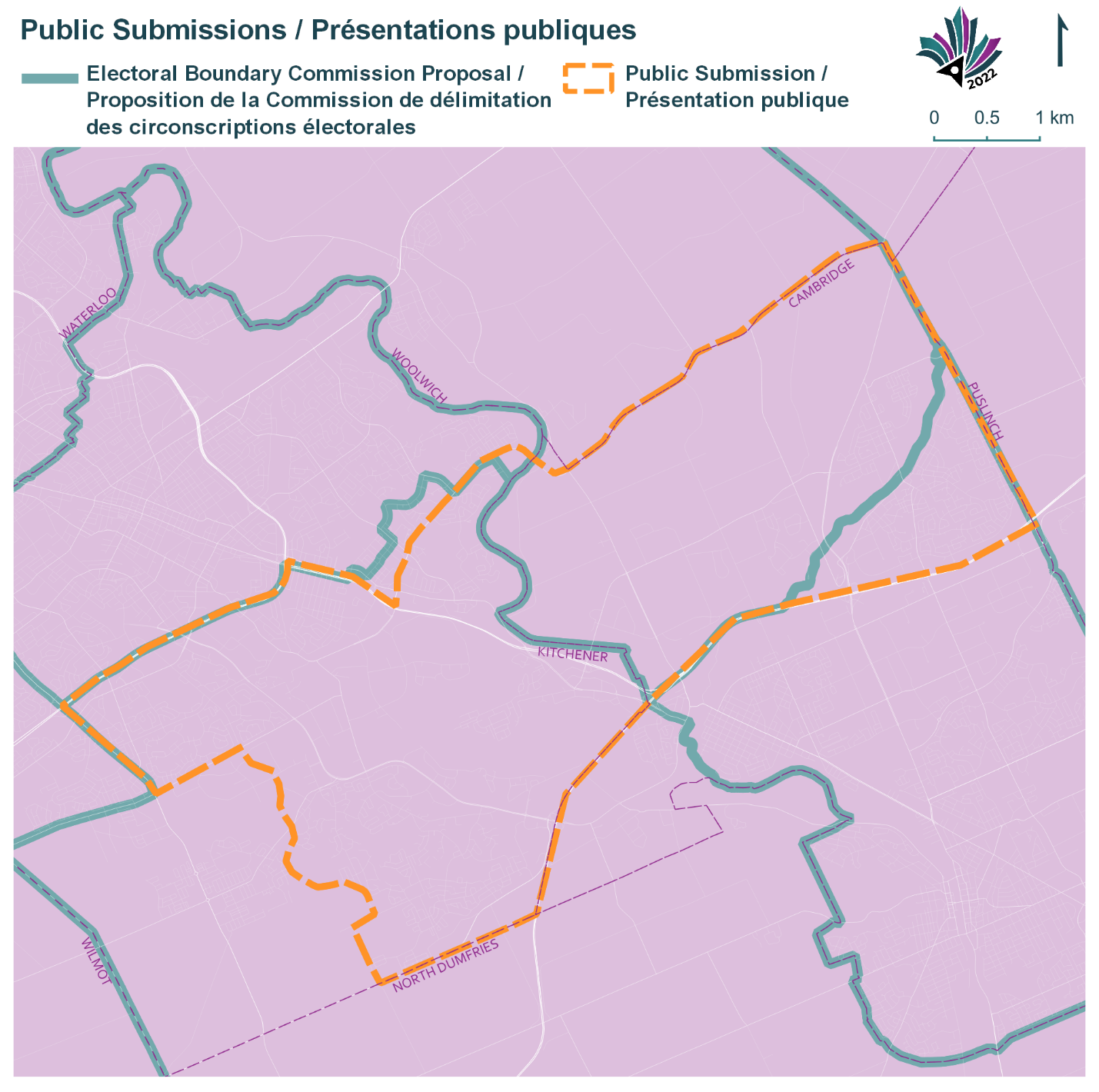 Public Submissions / Soumissions publiques, Electoral Boundary Commission Proposal / Proposition de la Commission de délimitation des circonscriptions électorales (Green lines), Public Submission / Présentation publique (Yellow lines)