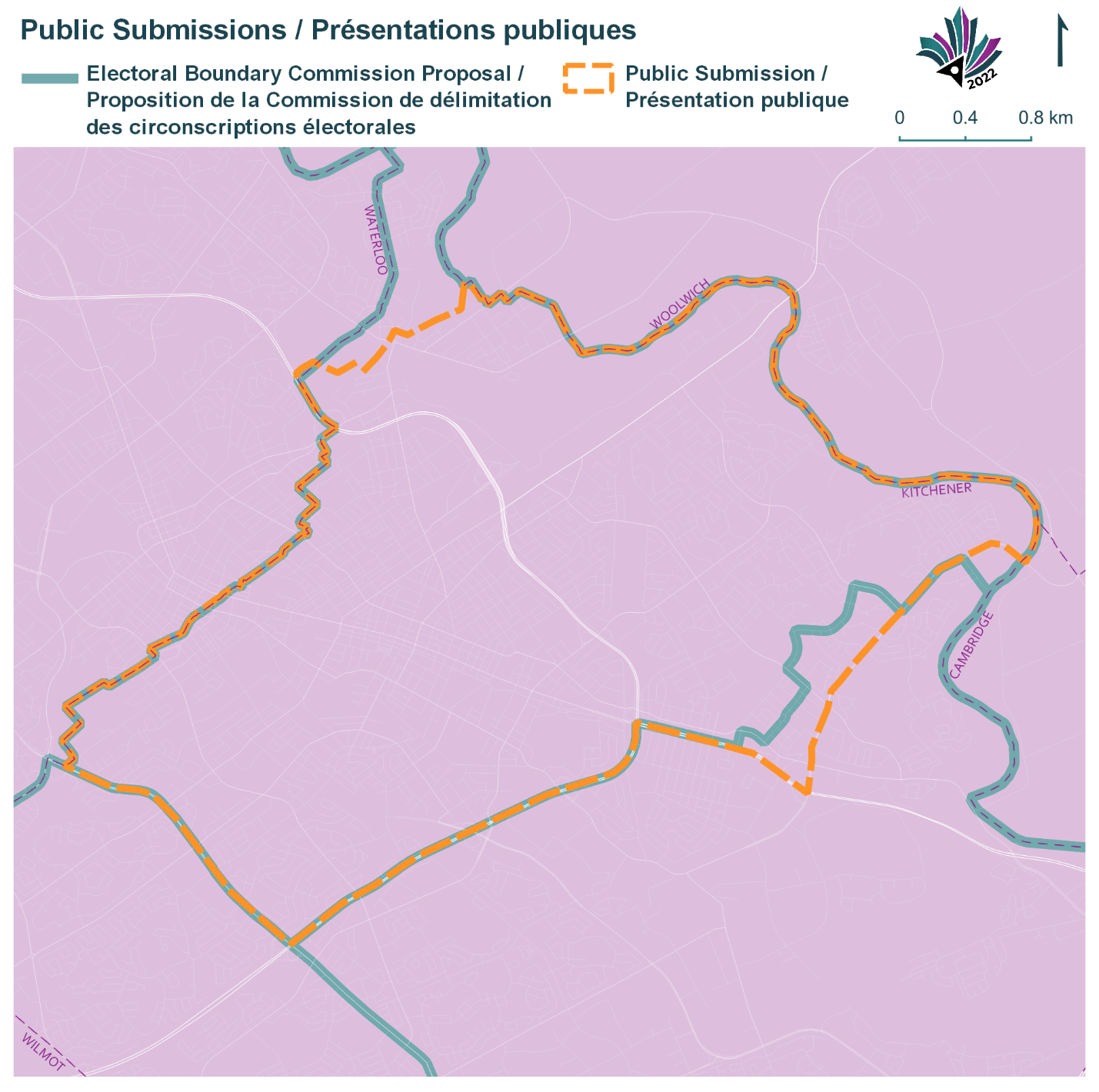 Public Submissions / Soumissions publiques, Electoral Boundary Commission Proposal / Proposition de la Commission de délimitation des circonscriptions électorales (Green lines), Public Submission / Présentation publique (Yellow lines)