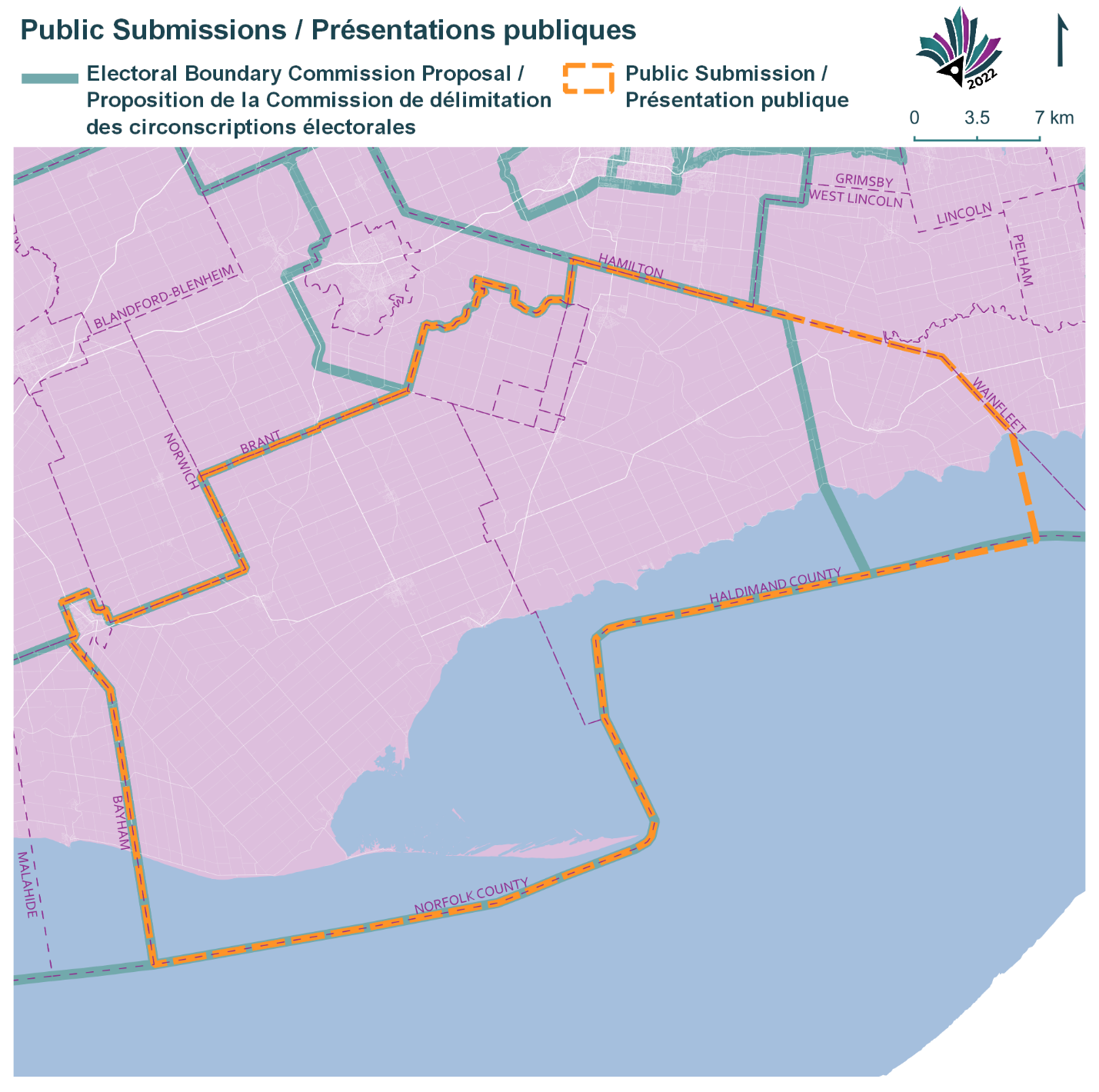 Public Submissions / Soumissions publiques, Electoral Boundary Commission Proposal / Proposition de la Commission de délimitation des circonscriptions électorales (Green lines), Public Submission / Présentation publique (Yellow lines)