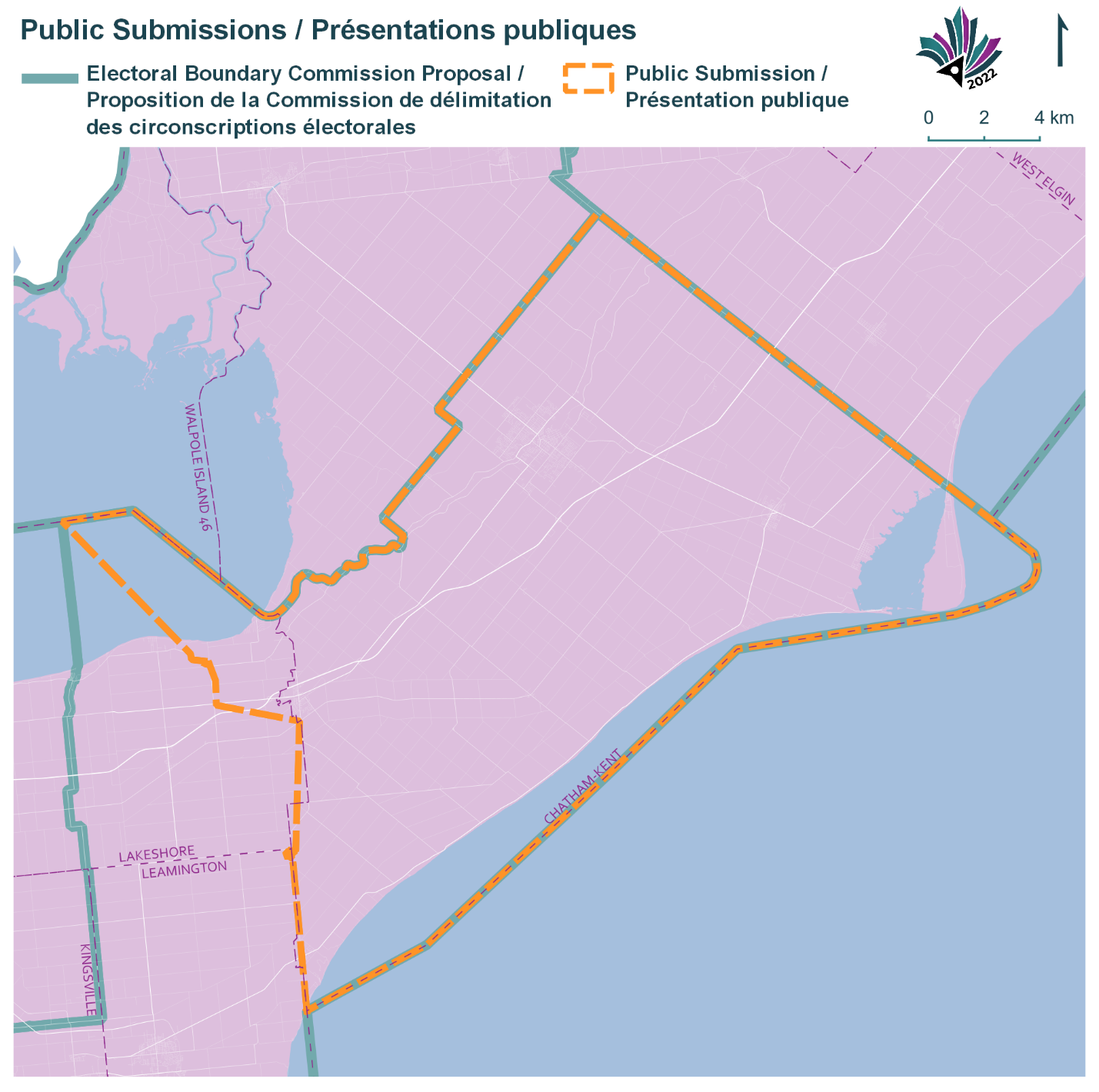 Image shows a map that is described in the written part of the submission. Public Submissions, Electoral Boundary Commission Proposal (Green lines), Public Submission (Yellow lines).