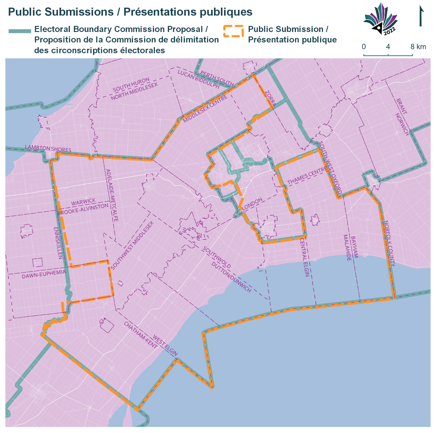 Image shows a map that is described in the written part of the submission. Public Submissions, Electoral Boundary Commission Proposal (Green lines), Public Submission (Yellow lines).