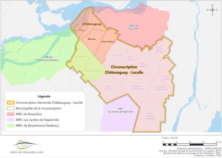 Carte propos&eacute;e comprenant la circonscription &eacute;lectorale de Ch&acirc;teauguay &ndash; Lacolle ainsi que les municipalit&eacute;s r&eacute;gionales de comt&eacute; adjacentes, avec les l&eacute;gendes indiqu&eacute;es suivantes : Ligne orange plus &eacute;paisse - circonscription &eacute;lectorale Ch&acirc;teauguay &ndash; Lacolle; Ligne orange plus fine - Municipalit&eacute; de la circonscription; zone rose -  MRC de Roussillon; zone mauve -  MRC Les Jardins de Napierville; Zone verte - MRC de Beauharnois-Salaberry