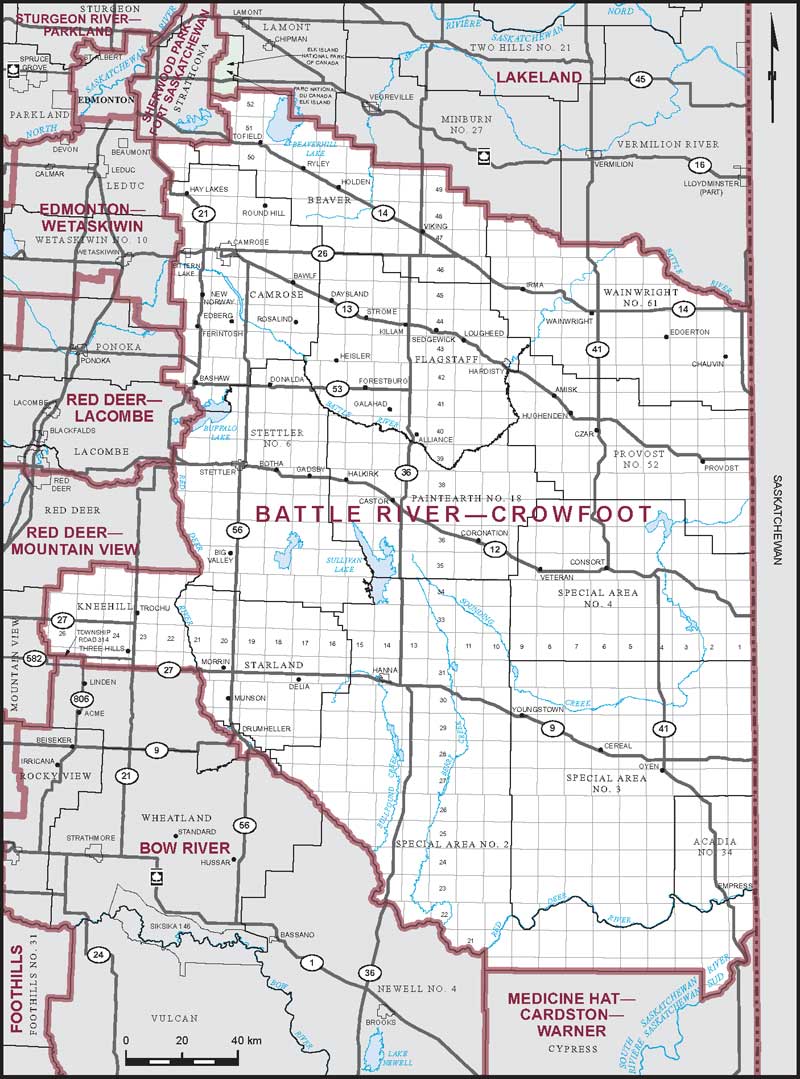 Map of Battle River–Crowfoot – Limites actuelles.