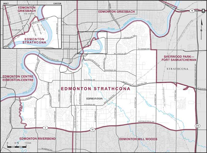 Map of Edmonton Strathcona – Limites actuelles.