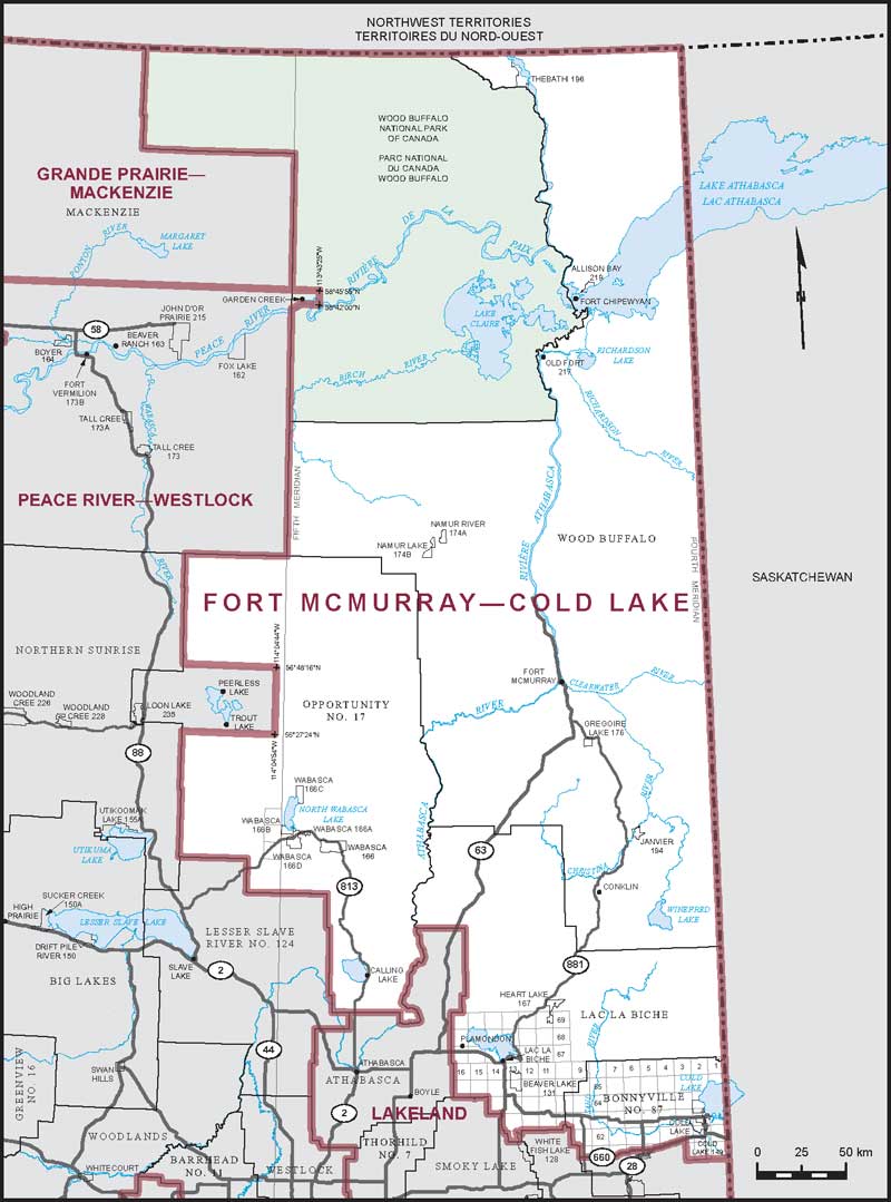 Map of Fort McMurray–Cold Lake – Limites actuelles.