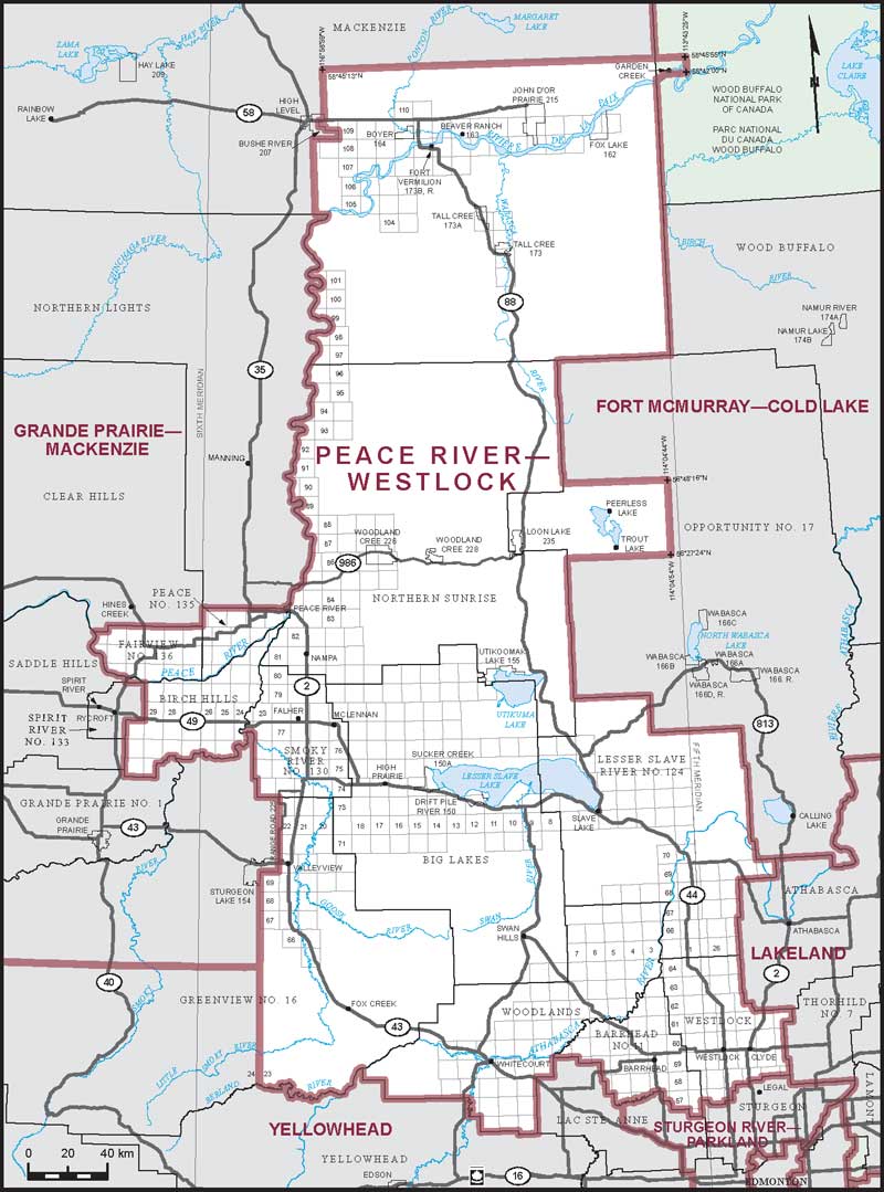 Map of Peace River–Westlock – Limites actuelles.
