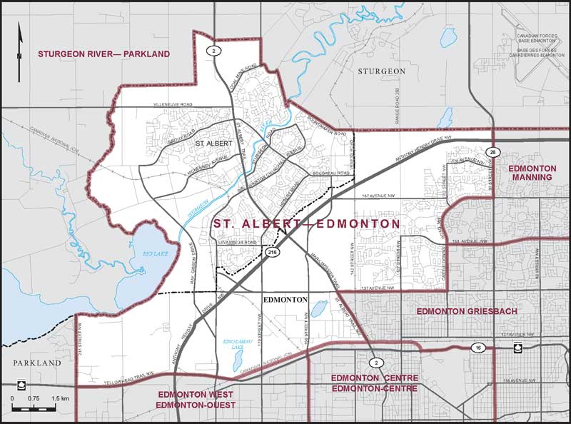 Map of St. Albert–Edmonton – Limites actuelles.