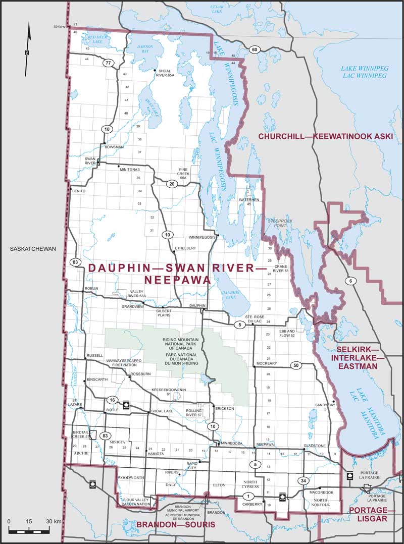 Map of Dauphin–Swan River–Neepawa – Limites actuelles.