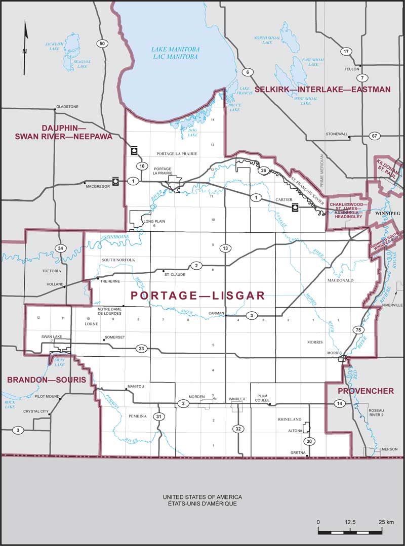 Map of Portage–Lisgar – Limites actuelles.
