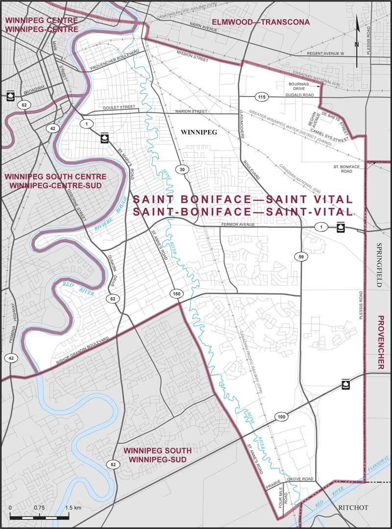 Map of Saint-Boniface–Saint-Vital – Limites actuelles.